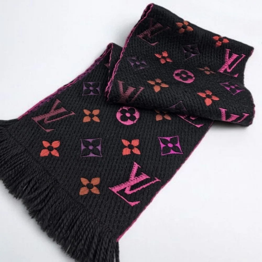 Louis Vuitton Echarpe Logomania Rainbow Wool Silk Scarf Black Pink